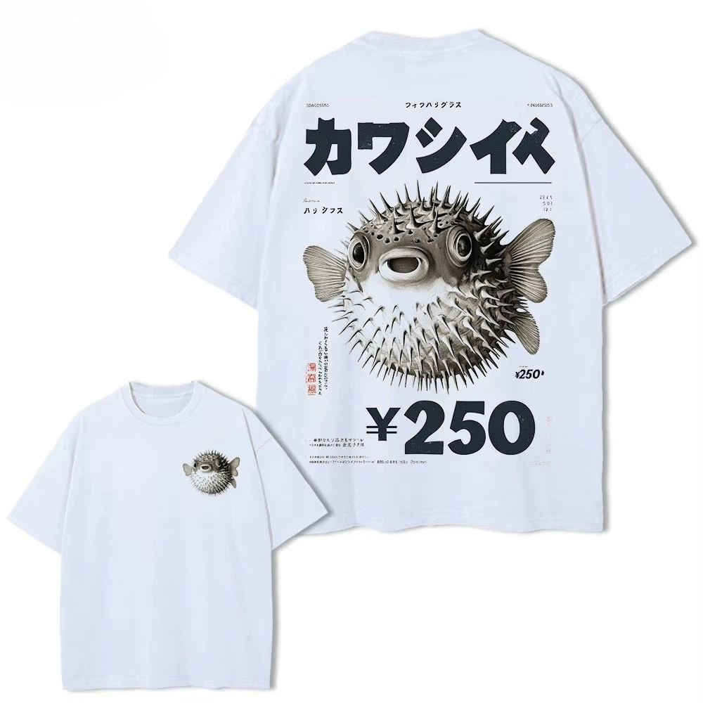Hot Vintage Fugu Puffer Fish Ramen T-shirts Men Women Clothing Summer Cotton Tee Shirt Fashion Crewneck Short Sleeve Casual Top