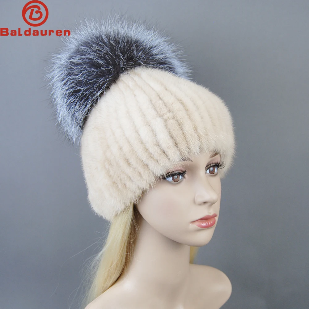 2024 New Luxury Women Winter Mink Fur Hats Knitted Real Mink Silver Fox Fur Caps Female Russian Winter Warm Real Fur Beanies Hat