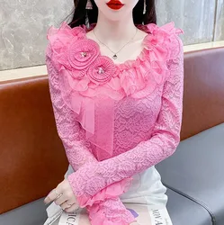 女性のためのピンクのレースのシャツ,3次元の花,不規則なフリルのエッジ,刺繍された甘いブラウス