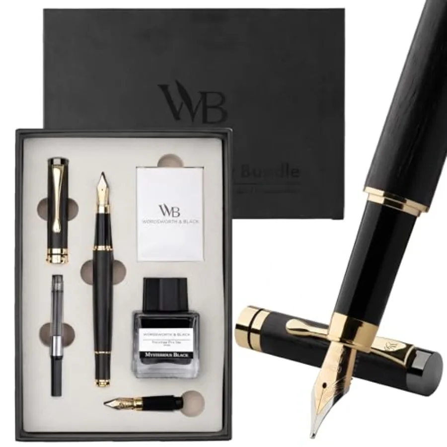 

Fountain Pen Set, Luxury Bamboo Wood - Medium Nib, Extra Fine Nib, Gift Case; 25ML Black Ink Bottle, 6 Ink Cartridges, Refill C