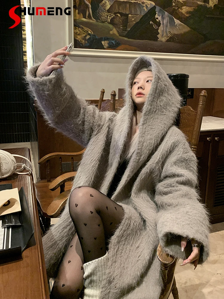 

Autumn Winter Clothes Gray Plush Hooded Thickened Cotton Lamb Wool Loose Faux Fur Mid-Length Long Sleeve Solid Color Coats