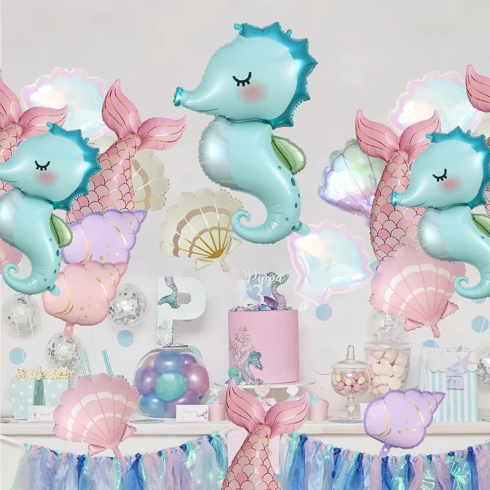 10-teiliges Meerjungfrauenflossen-Folienballon-Set, Muschel-Heliumballons, Babyparty, Ozean, Unterwasser, Mädchen, Meerjungfrauen-Geburtstagsdeko – Detail 5