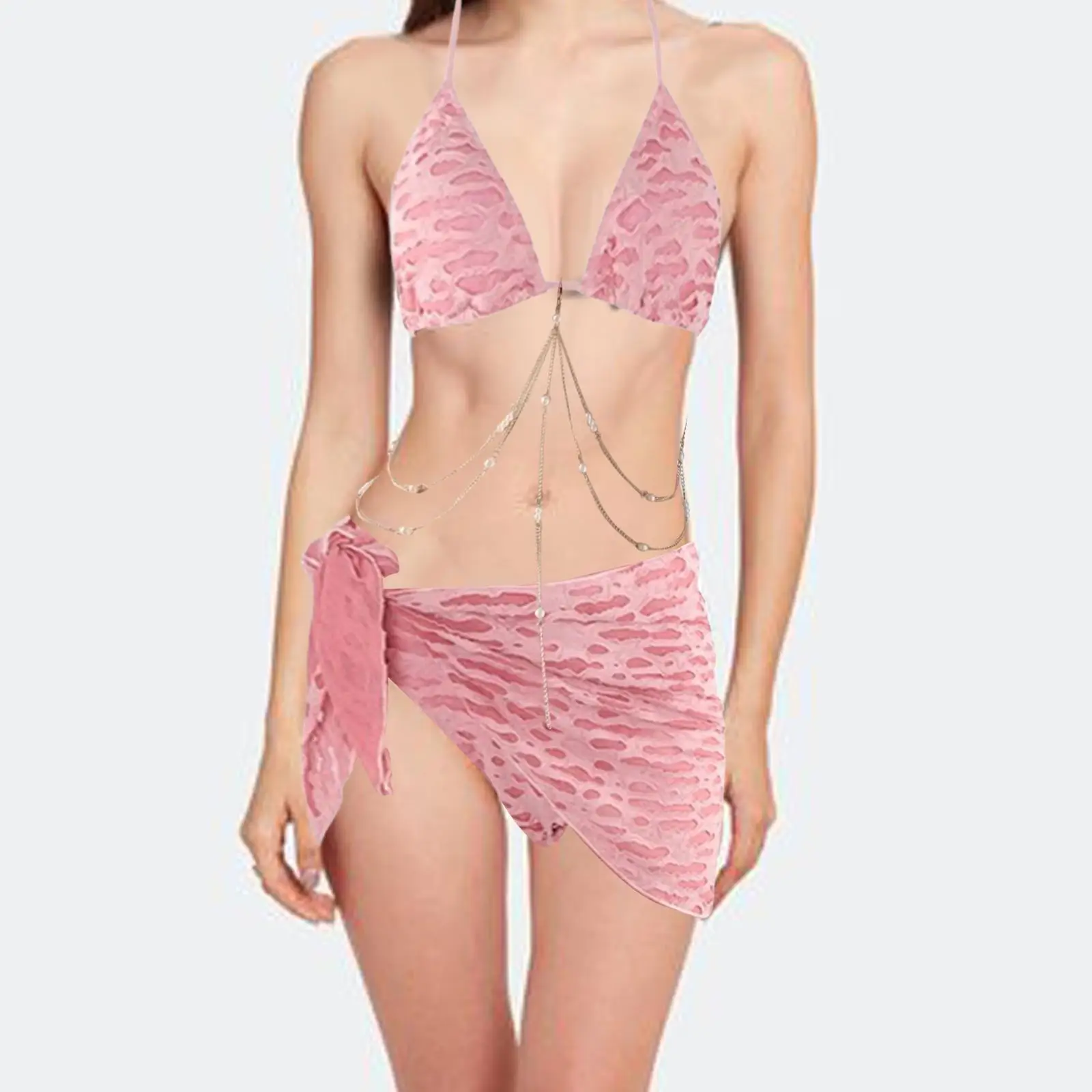 

Женский комплект бикини с цепочкой (3 предмета): стильный, модный, с завязками и накидкой для клубных вечеринок, салонов, пляжа и водных развлечений