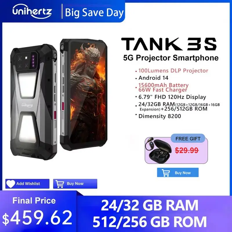 To Tank 3s 8849 powered phone with projector 24/32GB 256/512GB Dimension 8200 cellphone 15600mAh 66W smartphones