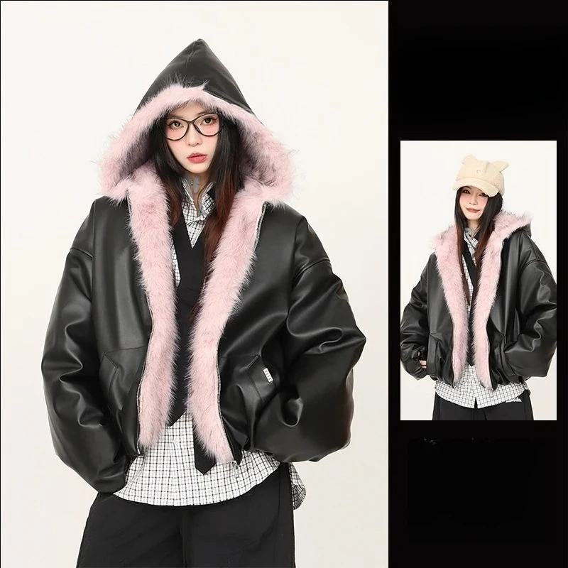 سترة نسائية كلاسيكية أمريكية غير رسمية بغطاء للرأس بأكمام طويلة من الفرو الصناعي Y2K معطف عتيق بلون نقي ملابس شارع هاراجوكو #5