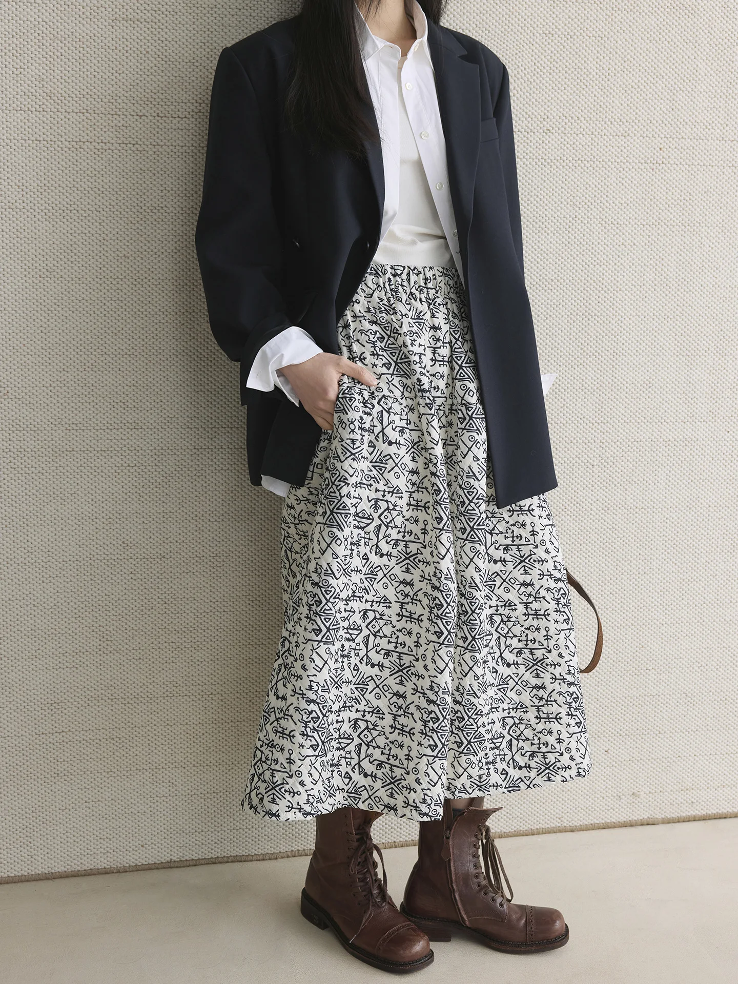 겨울 패션 레트로 물고기뼈 기하학 패턴 A라인 스커트, 편안하고 캐주얼한 여성용 롱 스커트