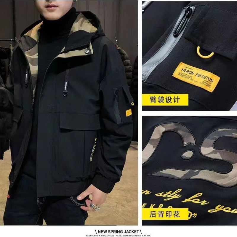 Jeanswest 2023 Multi-styler All-match Men's Coat Spring and Autumn Tooling Fashion Trend All Lapel Jacket Hooded Casual Coat