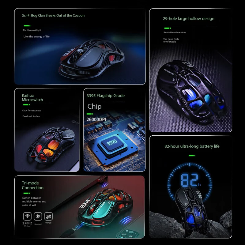 GravaStar Mercury M2 Stealth Black/Transparent Black Mouse Wireless game E-sports hollow out lightweight RGB light effect mouse