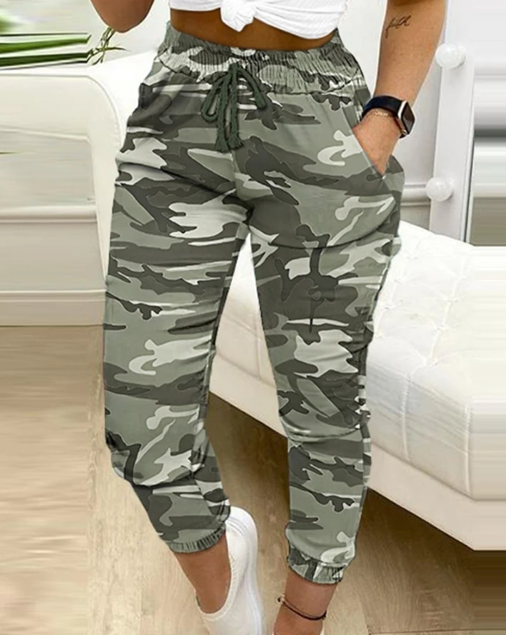 

Women's Pants 2024 Spring Fashion Camouflage Print Pocket Design Drawstring High Waist Casual Daily Cuffed Pants Y2K Streetwear