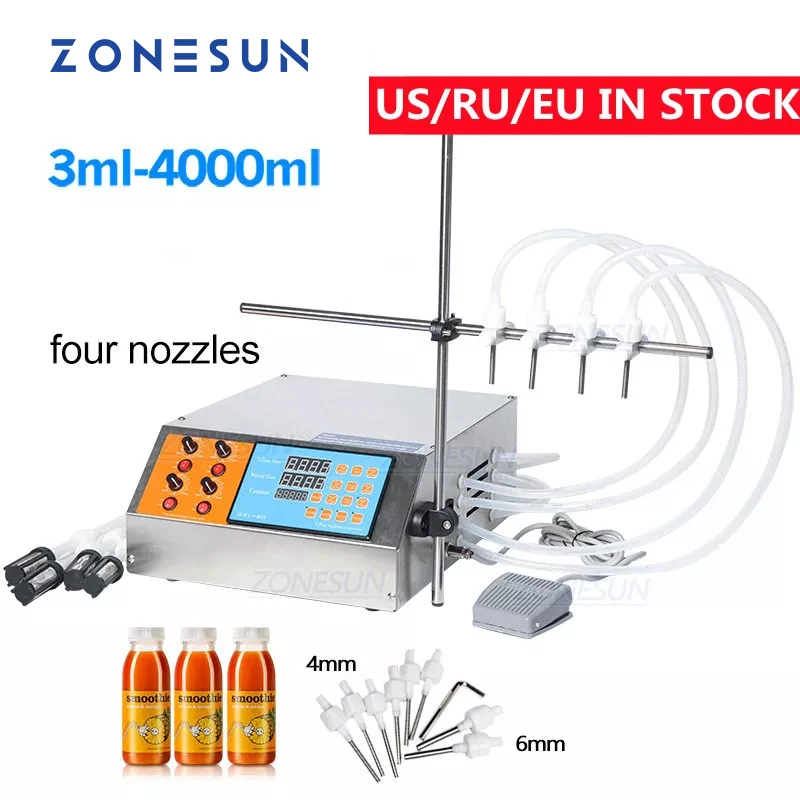 

ZONESUN 4 Heads Liquid Perfume Water Juice Essential Oil Electric Digital Control Pump Liquid Filling Machine 3-4000ml