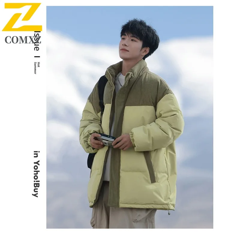 COMXZ Men 50% Gray Duck Down Autumn Winter Down Jacket Stand Collar Corduroy Patchwork Fashion Trend waterproof Down Coat 2025