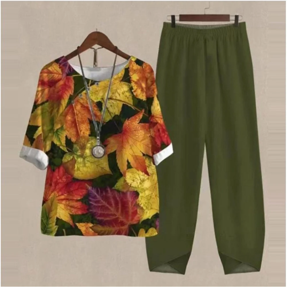 2023 Summer Casual Long Pants Two Piece Set Elegant O Neck Flower Print Loose T Shirt High Waist 2 Set Outfit For Women Ms Chuh