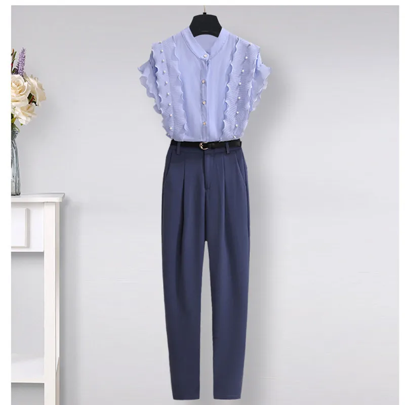 Ruffle Ruffled Short Sleeved T-shirt Commercial Pencil Pants Two-piece Elegant Women\'s Pants Suit Summer Office Outfits