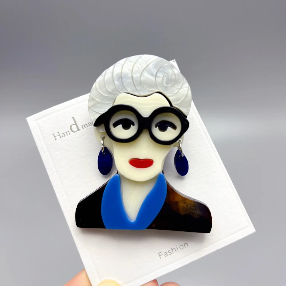 Grandma Wearing Glasses Dignified Old Lady Acrylic Brooch Pin Jewelry Gift