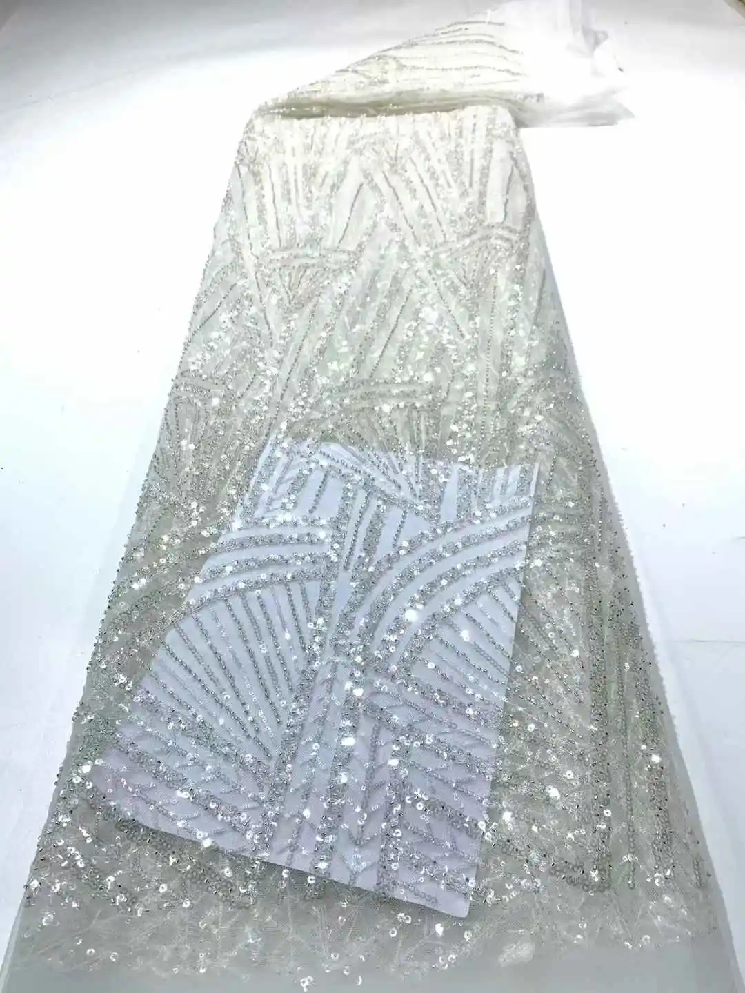 

Французская кружевная ткань Элегантная африканская вышивка с блестками и бисером Тюлевое кружево для вечерних платьев (5 ярдов, белый)