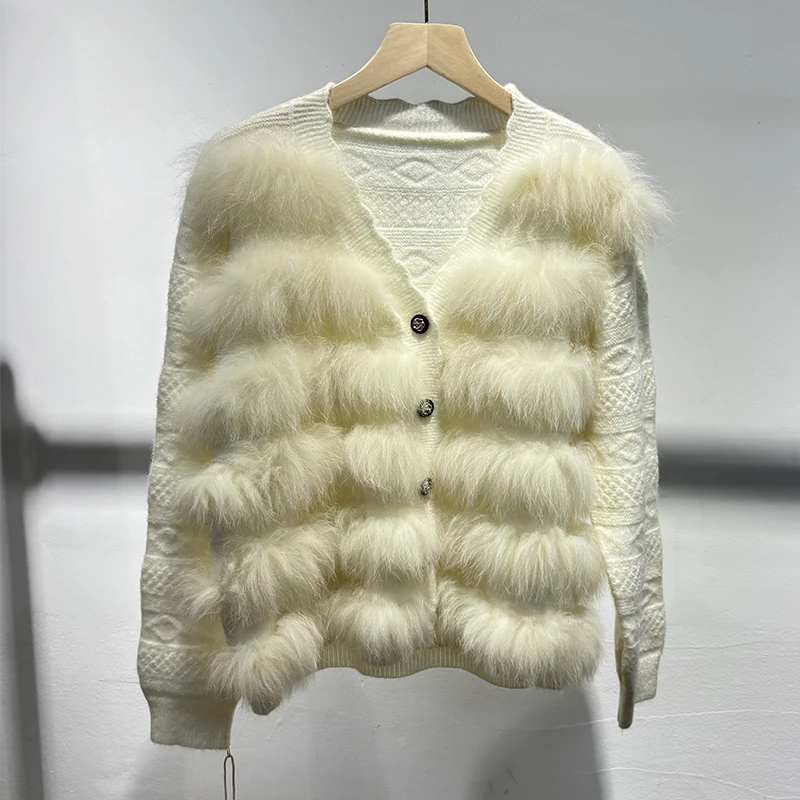 2025 가을 여성 블루 리얼 폭스 퍼 스웨터 화이트 리얼 퍼 신상 디자인 니트 자켓