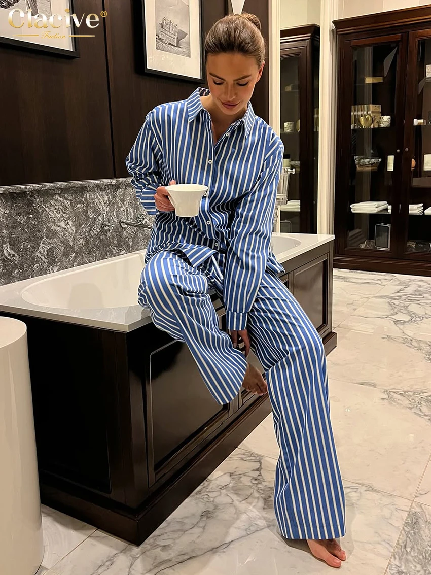 

Clacive Fashion Loose Blue Stripe Trousers Set 2 Piece Woman Elegant Long Sleeve Shirt With High Waist Wide Pants Set Female