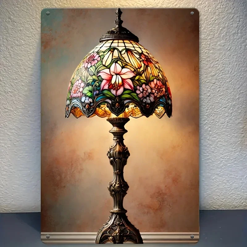 Elegant Vintage Floral Glass Table Lamp Metal Sign Warm Beige ，Brown Tones Perfect for Home Bedroom Home Decor Metal Wall Sign
