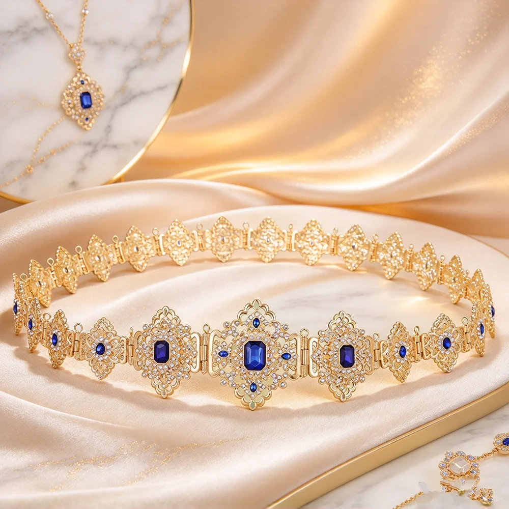 Moroccan Robe Belt Ethnic Style Colorful Rhinestone Embedded Waist Chain Traditional Middle Eastern Women's Festival Jewelry Wed