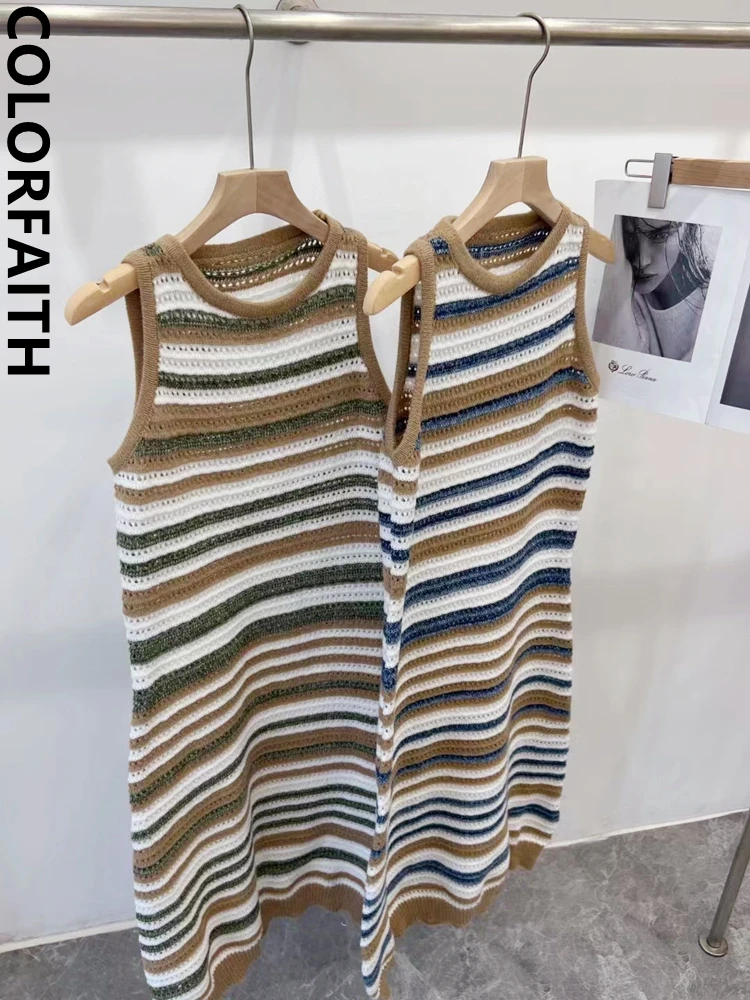 Colorfaith DR5410JX New 2023 Striped Sleeveless Knitting Elegant Lady Chic Wild Elasticity Women's Spring Summer Long Dresses