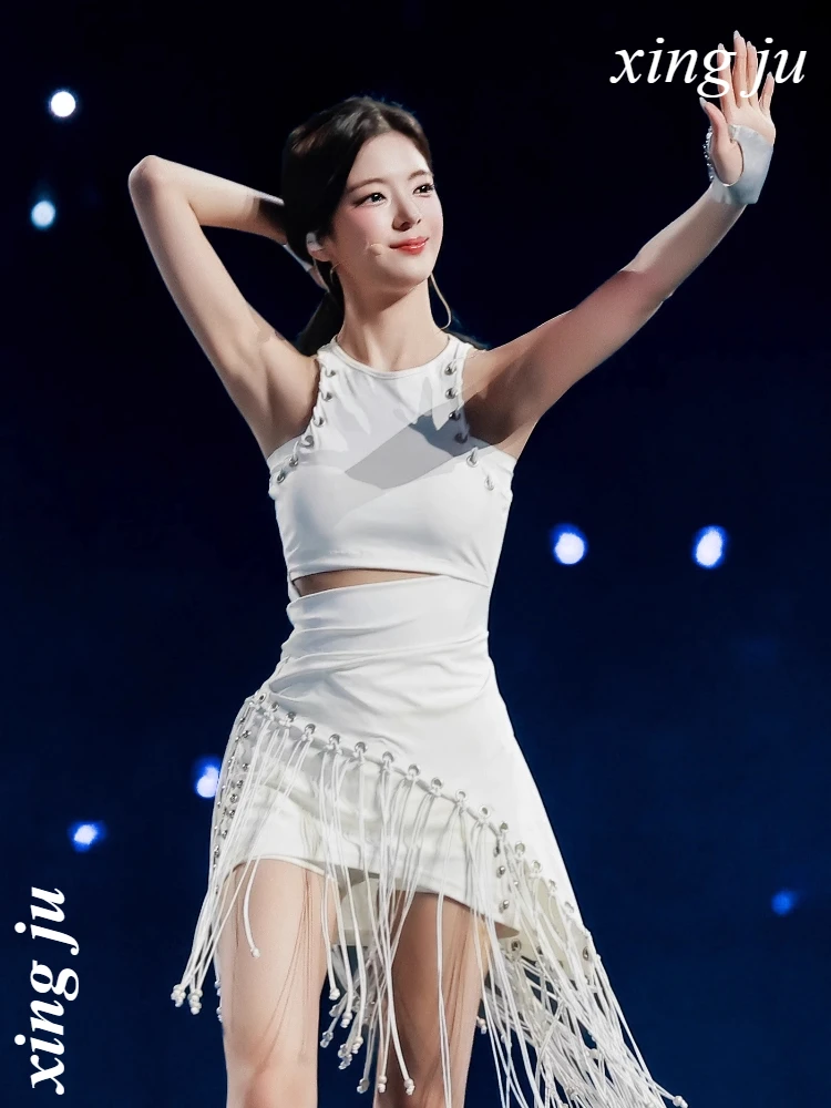 Women Singer Jazz Dance Costume Concert Performance White Tight Short Tops Nightclub Stage Irregular Tassel Skirt Kpop Outfits