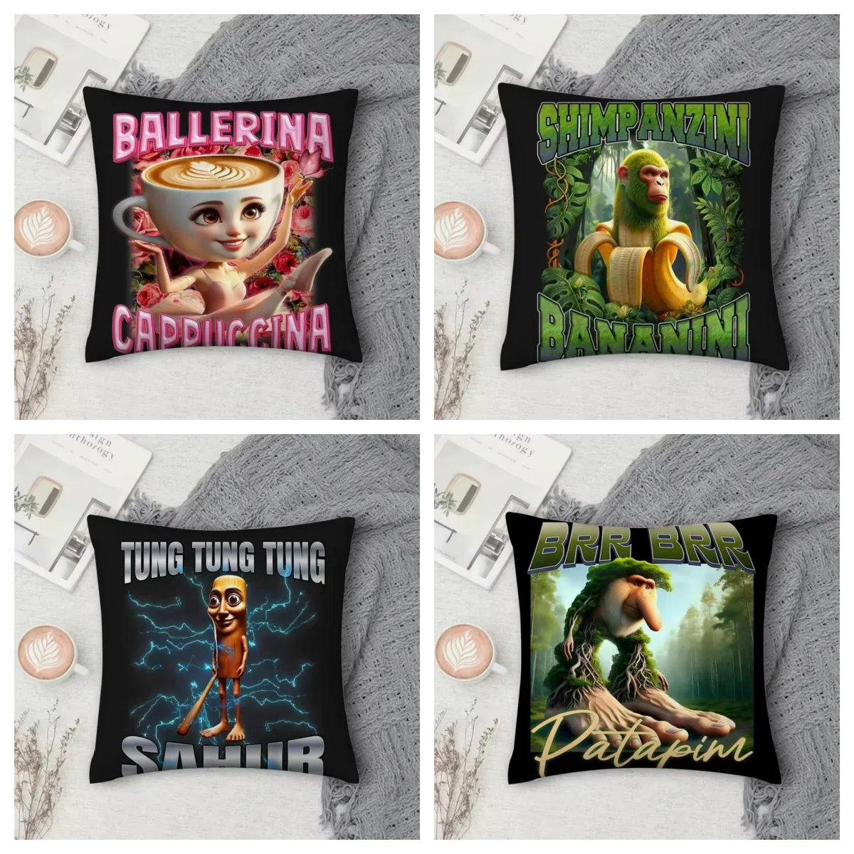 Tung Tung Sahur Tralalo Italan Brainrot Kissenbezug Druck Quadratisches Kissen Schlafzimmer Raumdekoration Kissenbezug