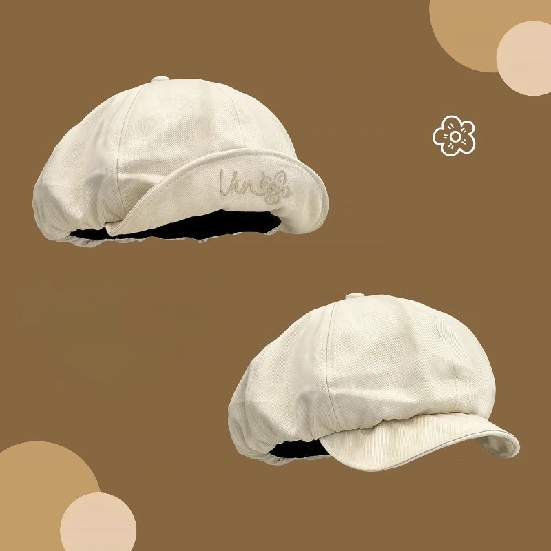 

Simple Small Flower Letter Embroidery Turned Brim Octagonal Painter Hat Women Spring and Summer Sunshade Fashion Versatile Beret