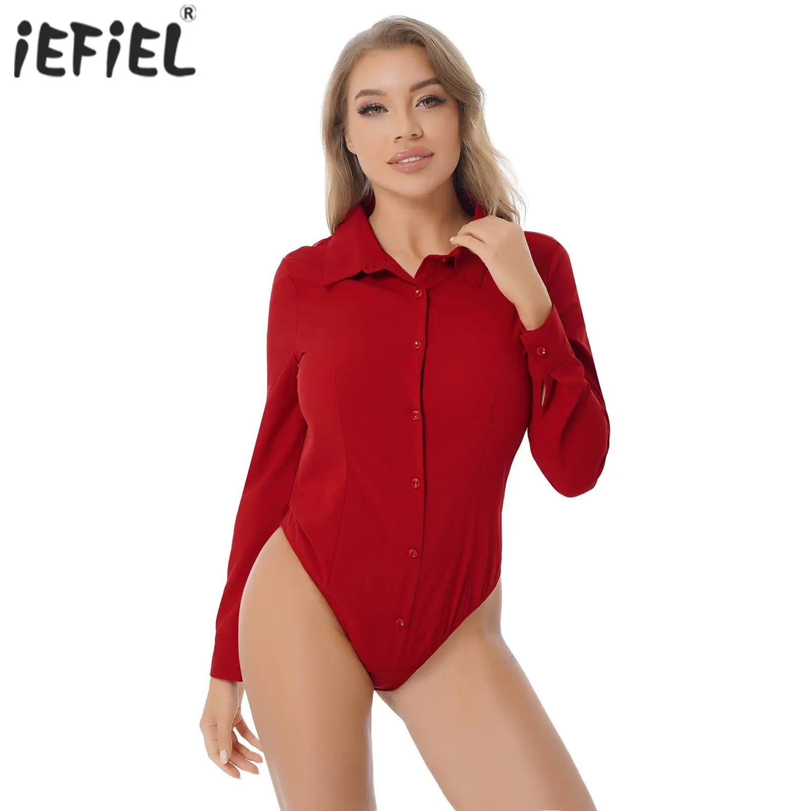 Womens Bodysuit Shirt One-Piece Turn-down Collar Business Office Body Tops Long Sleeve Button Down Easy Care Body Blouse Shirt