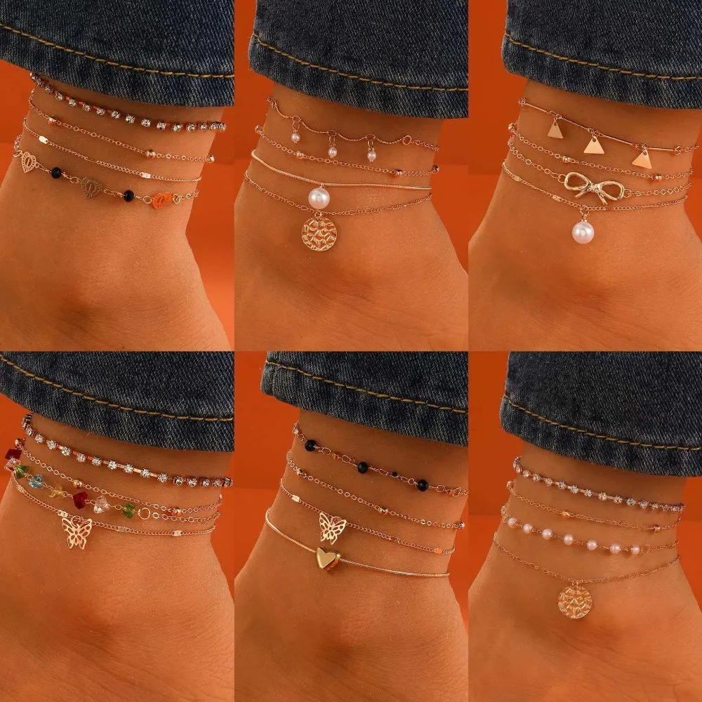 4pcs Set Bohemian Multi Layered Butterfly Heart Bow Imitation Pearl Charms Anklets Set for Women Beach Vacation Foot Jewelry