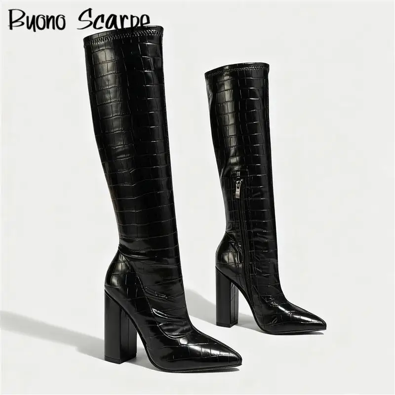 

2025 Western Style Pointed Toe Knee High Women Boots Zipper Large Size High Heels Solid Color Fashion Sexy Concise Ladies Shoes