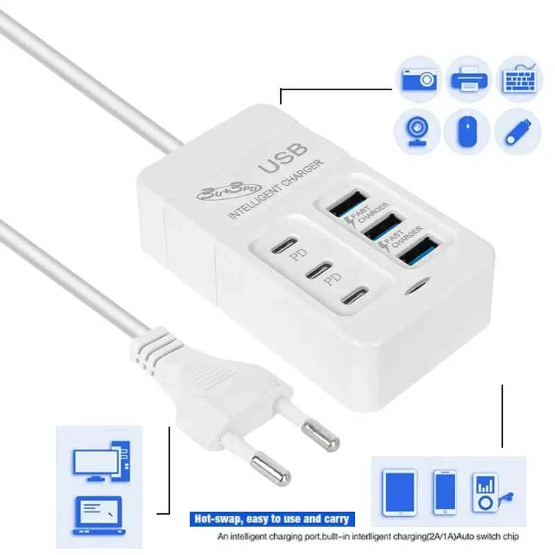 35W Multiport USB Charger PD Type C Fast Charging EU US UK Plug Wall Charger USB Hub Adapter 6 Ports USB Mobile Phone Charger