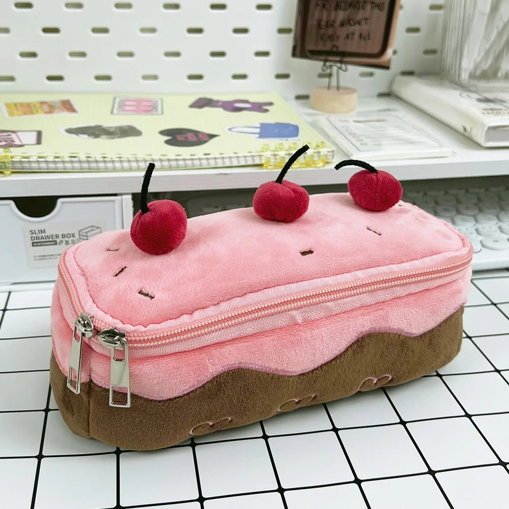 Estojo de Pelúcia Fofo em Formato de Bolo de Cereja, Estilo Ins Japonês Coreano, para Material Escolar, Lápis, Maquiagem e Caixa de Armazenamento para Meninas