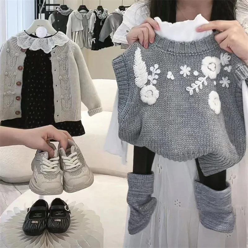 مجموعة النمط الكوري للربيع والخريف لعام 01-2025 للأطفال، سترة محبوكة رمادية أنيقة، سراويل ضيقة للفتيات الصغيرات، كاجوال