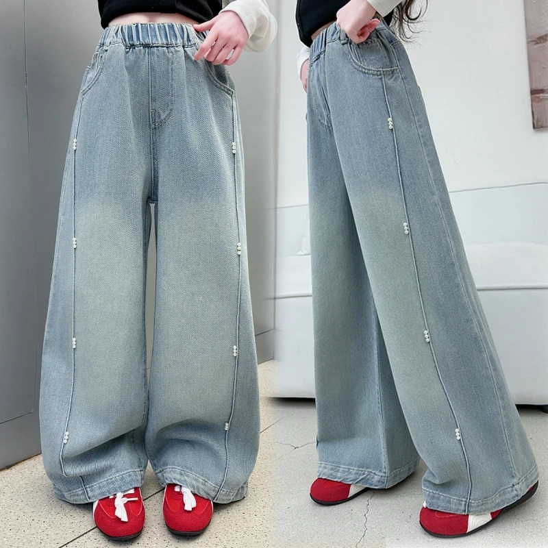 Mädchen-Jeans aus Denim, Perlen-Patchwork-Hosen mit weitem Bein, lockere lange Denim-Hosen für Mädchen, Schulanfangsaison, Kinderhosen