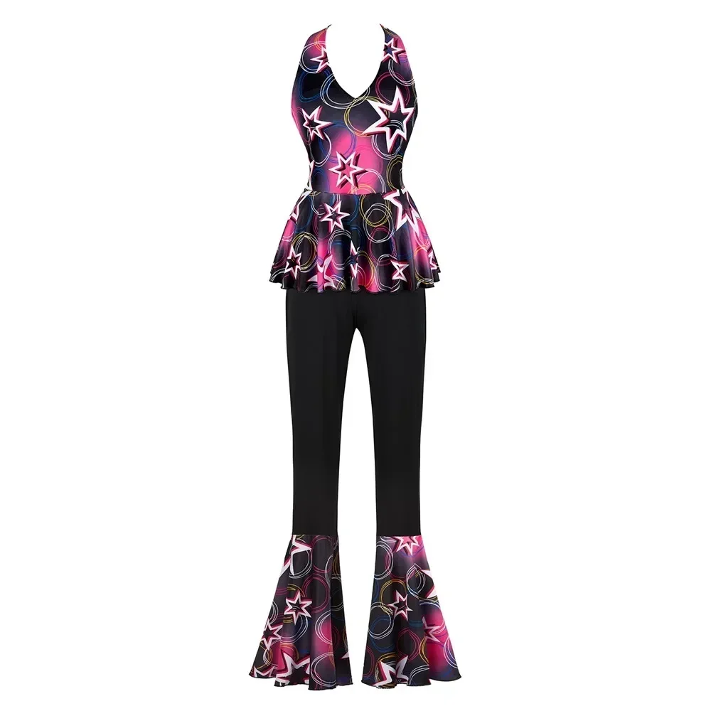 

Сексуальная одежда с открытой спиной в стиле рок-хиппи с лямкой на шее и расклешенными брюками в стиле ретро, нарядный наряд для дискотеки, женское платье 70-х годов, вечерние карнавальный костюм