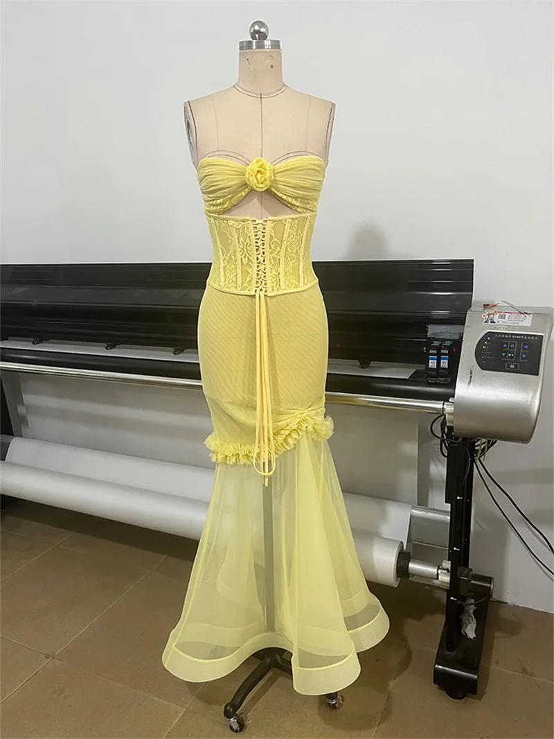 Yellow Prom Dress Sexy Corset Lace Up Hollow Sleeveless Long Mermaid Formal Wedding Guest Robes Autumn 3D Flower Bridal Gown - view 3