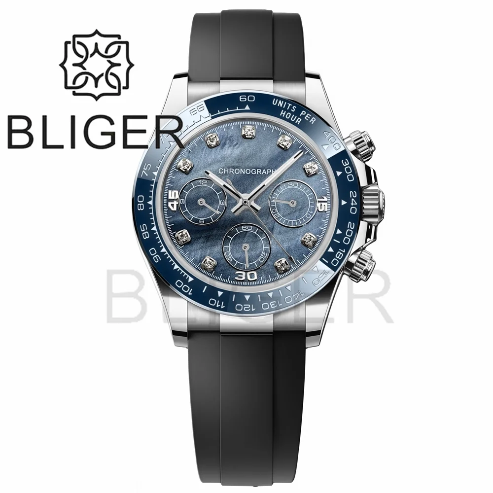 

BLIGER 39 мм Высокое качество темно-синий VK63 кварцевые часы с хронографом для мужчин водонепроницаемые часы с сапфировым стеклом и бриллиантовым индексом