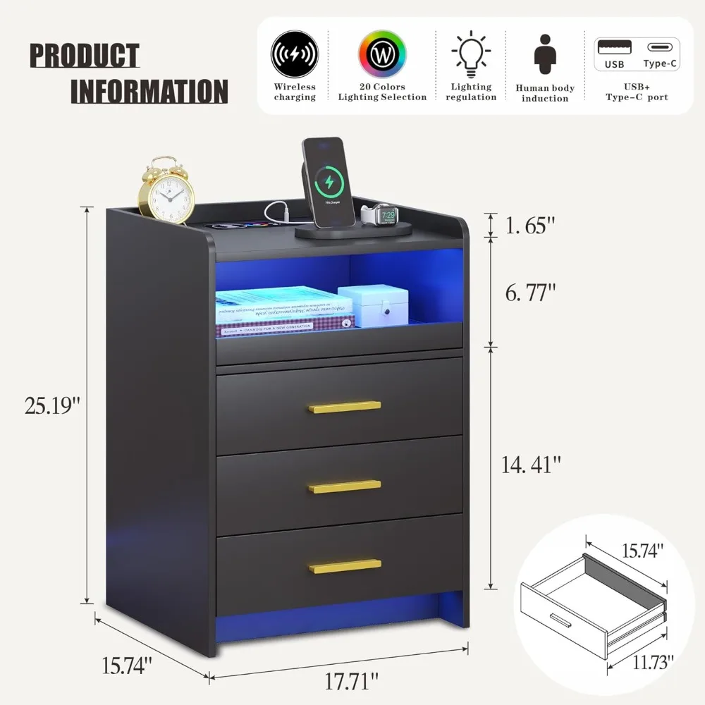 LED Nightstand Set of 2 with 3 Drawers, Wireless Charging Station, RGB Light, Human Sensor Design, Modern LED Nightstand