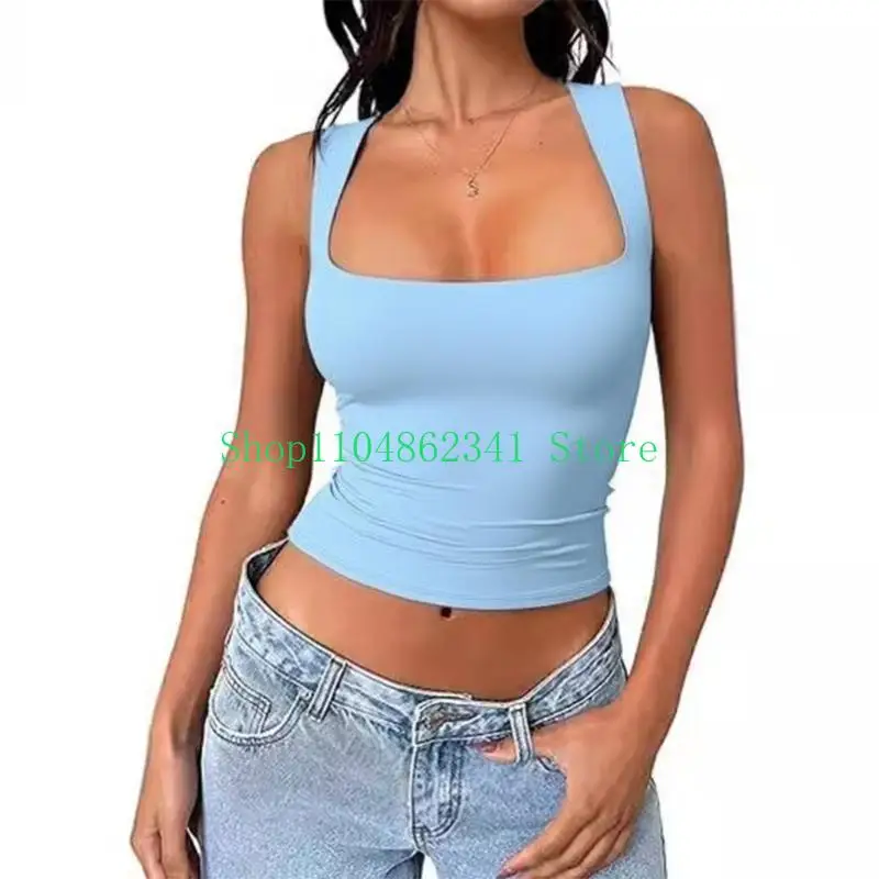 5ASD للسيدات مربع الرقبة بلا أكمام طبقة مزدوجة دبابة أعلى الصيف قمم الصيف للصيف