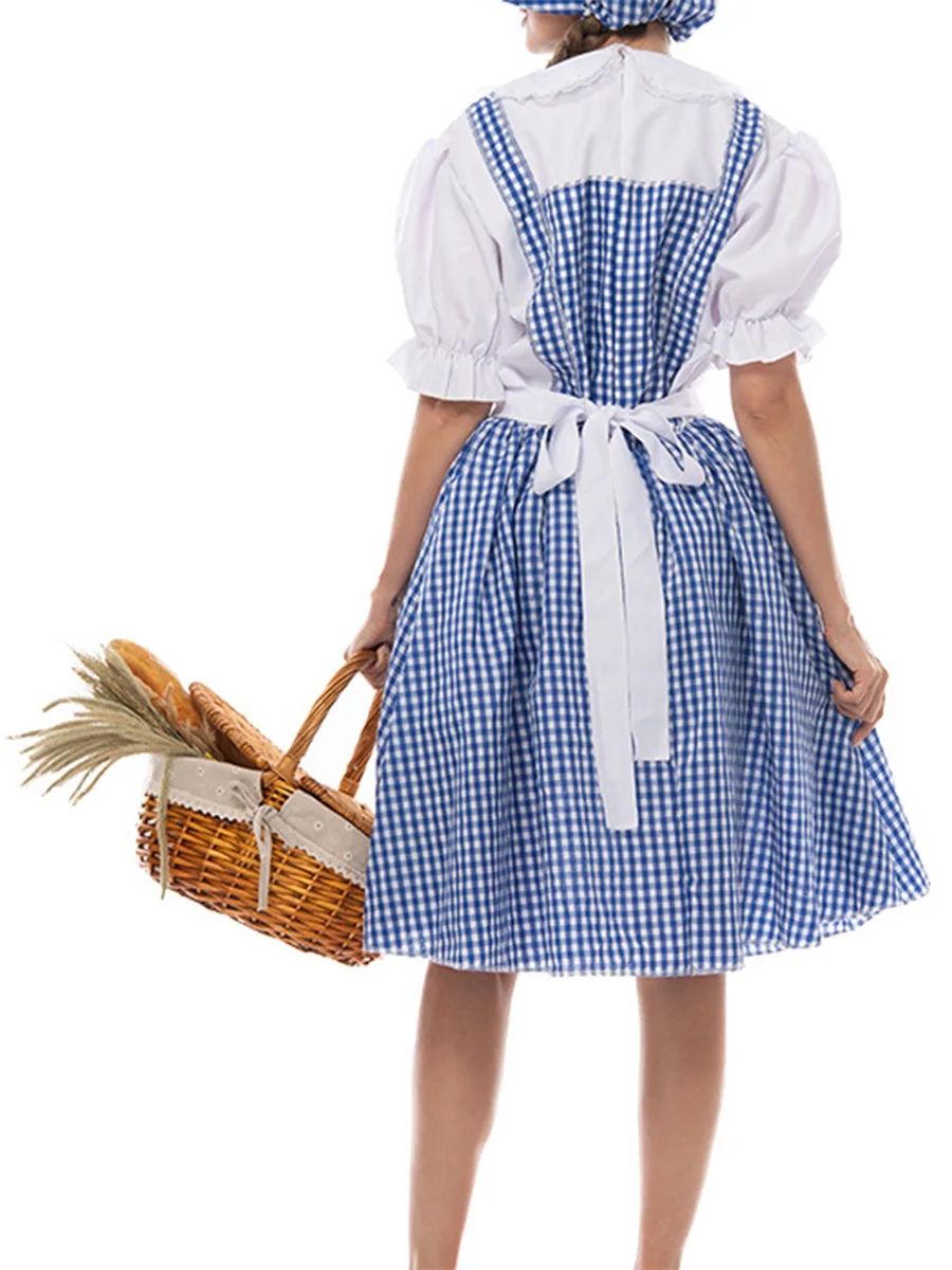 Women Halloween Fairytale Costume Plaid Print Short Sleeves Dress Aprons and Bonnets Hat Set for Cosplay Party Outfits