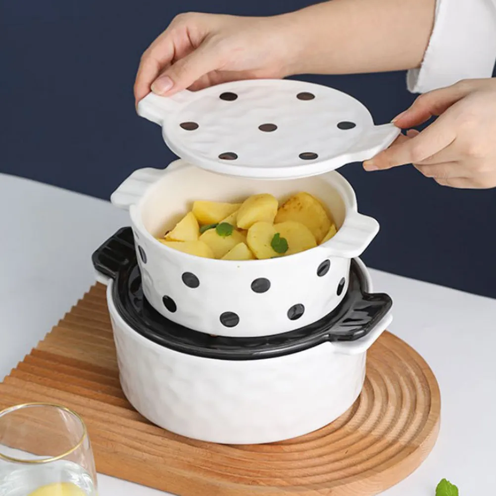 

Double Handle Ceramic Baking Bowl with Lid for Food Serving Soup Noodle Rice Dish Oven Safe Tray Kitchen Bakeware Must Have
