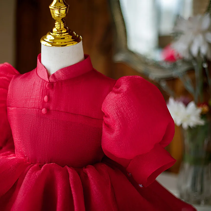 Vestido Rojo hecho a medida con manga de burbuja para niñas, ropa de actuación para el Día de los niños, ideal para fiesta de cumpleaños, 0 a 12 años, nuevo