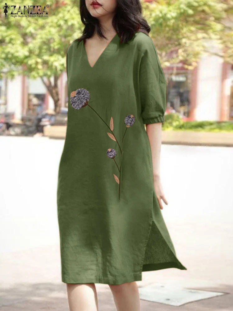 ZANZEA Summer Casual Floral Embroidery Dress Woman Short Sleeve V-Neck Dresses Femme Fashion Mid-Calf Length Robe Oversized 2023