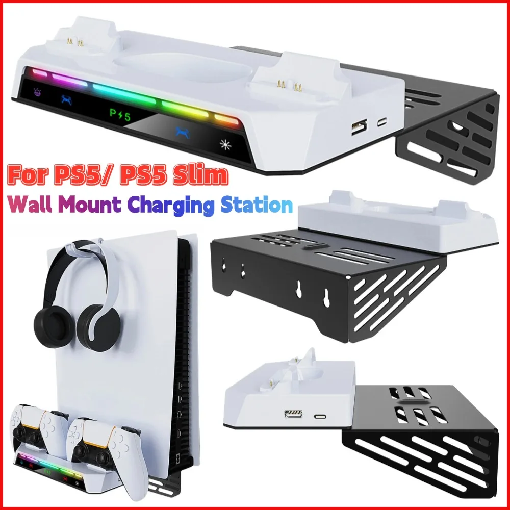 

Настенный подвесной комплект для PS5/PS5, тонкие консоли, дисковая и цифровая зарядная станция, полка, RGB-подсветка, двойной контроллер, зарядная станция