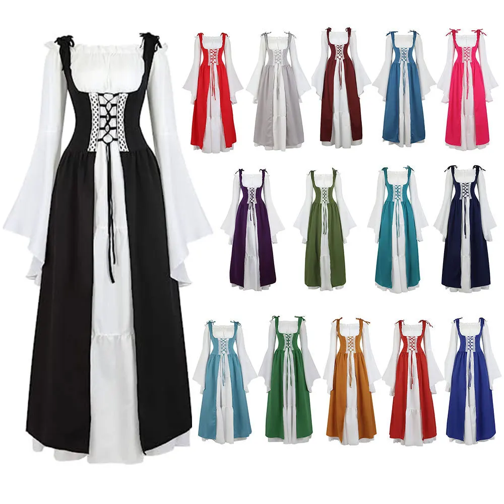 

Retro Waist-Cinched Bundle Medieval Renaissance Dress Halloween Costume Square Collar Gown Women's Ethnic Stage Wear