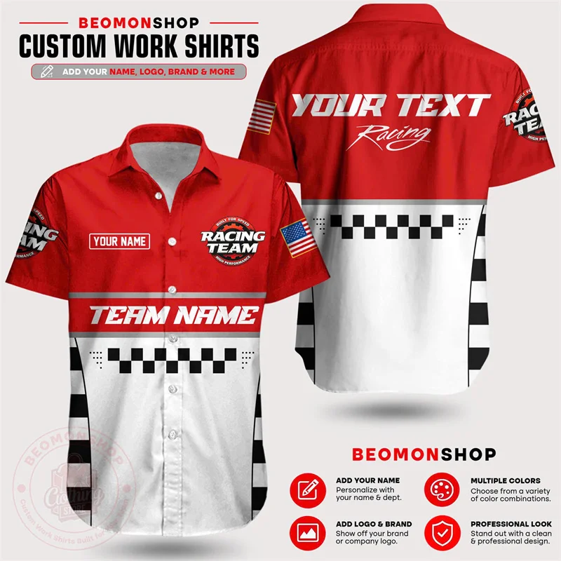 Custom Racing Team Work Shirt Personalized Name Logo Text Print Checkered Flag Design Short Sleeve Men Casual Team Uniform Tops