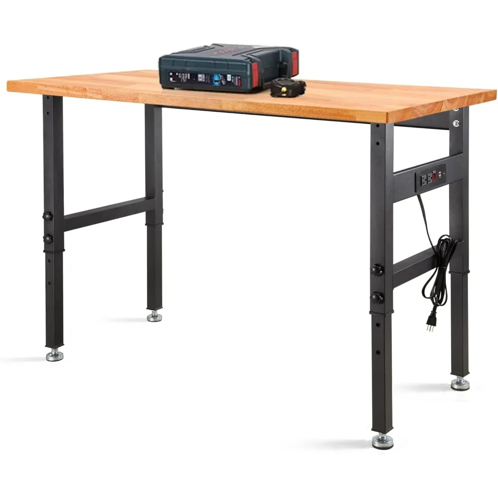 

Work Bench, Height Adjustable Workbench Heavy Duty Oak Wood Desktop Work Table with Power Outlets for Garage, Workshop