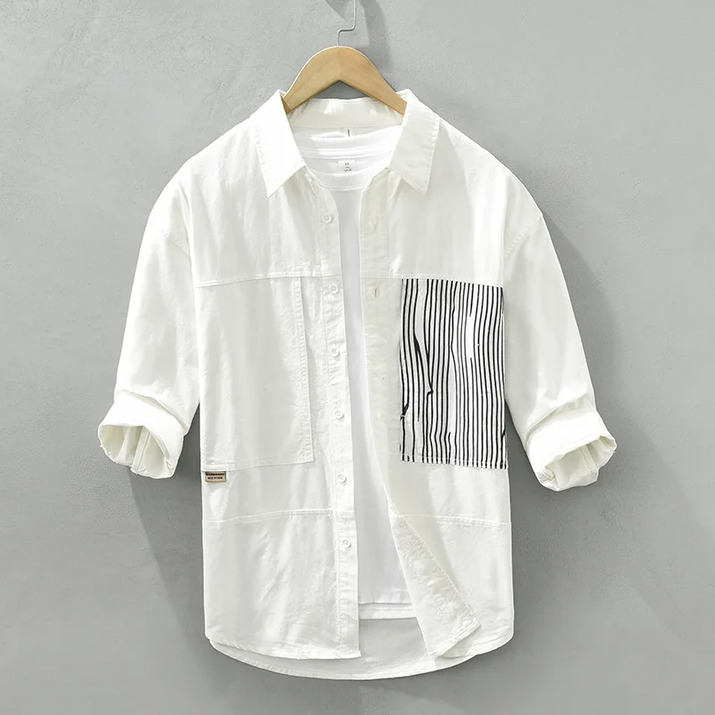 

3713 Striped Shirt Spring Summer Fashion Three Quarter Sleeve Vintage Patchwork Fresh Loose Casual Blouses Men's Cozy Daily Tops