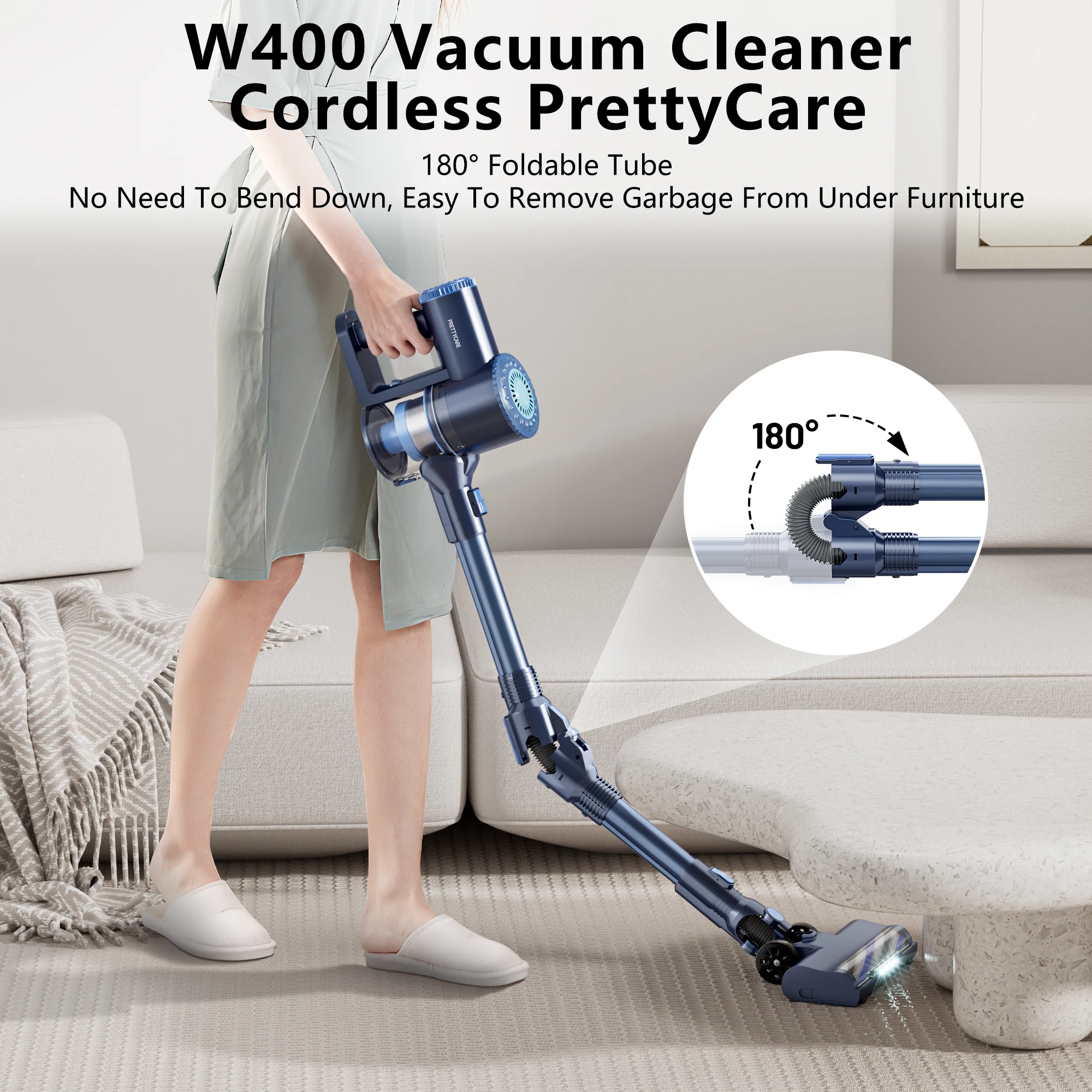 PrettyCare W400 Cordless Vacuum Cleaner 25Kpa 40 Mins Powerful Vacuum with Self-Standing 3 brush heads LED Headlight