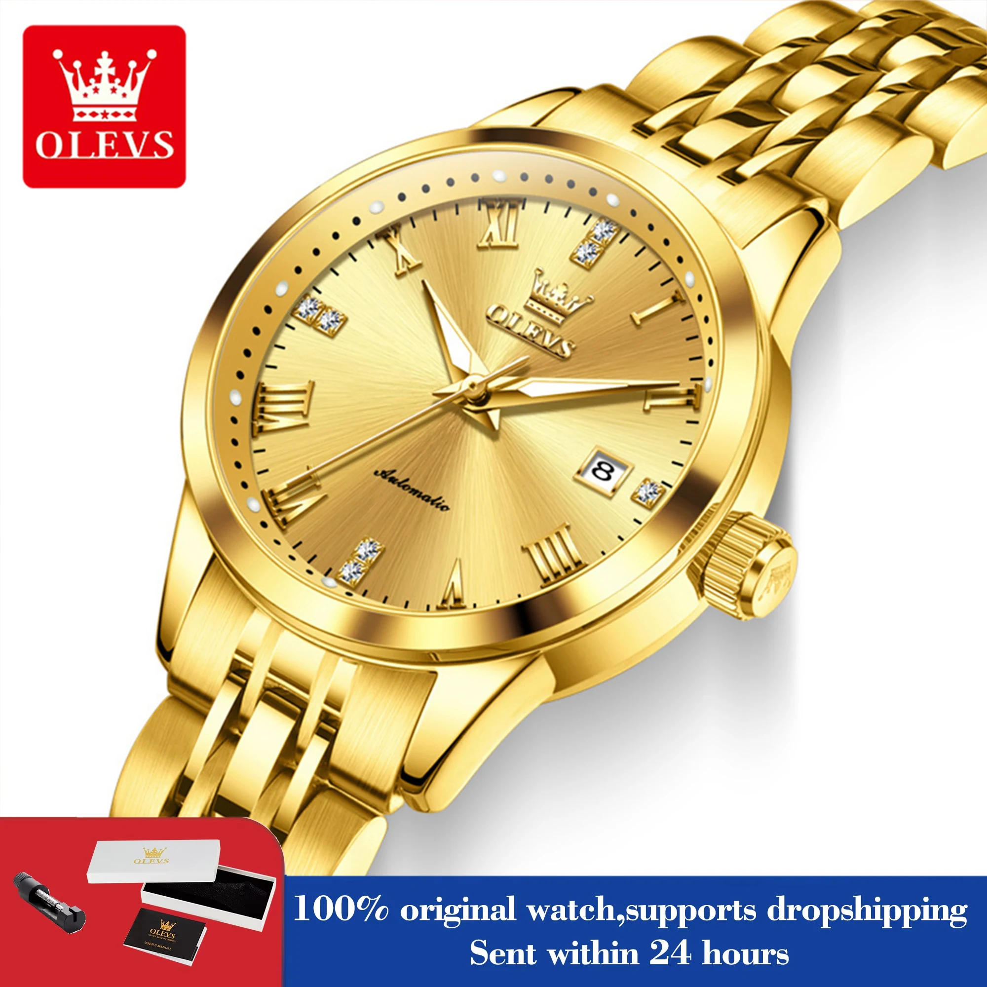 

Женские часы OLEVS 7062: Роскошные, светящиеся, водонепроницаемые, со стальным ремешком, автоматическим механизмом, датой и римскими цифрами